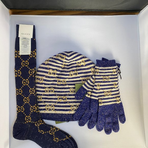 Gucci Knit Beanie in Blue and Ivory with Gold Lamé - Picture 6 of 6